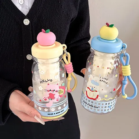 Cute Cartoon Plastic Water Bottle With Straw Apple Lid Tea Infuser Portable Tumbler For Students Office Daily Travel Cup