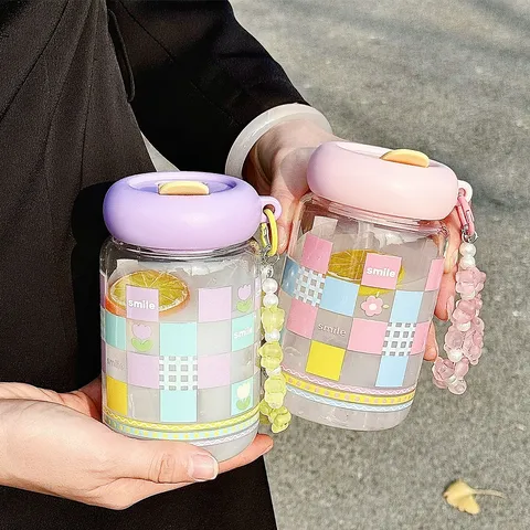 Plaid Print Borosilicate Glass Water Cup With Straw Portable Leakproof Drinking Bottle Heat Resistant Cup For Women