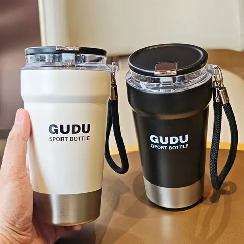 Taza de Café Aislada de Acero Inoxidable Vaso de Vacío Portátil Con Cordón y Tapa Abatible Taza de Viaje para Coche para Hombres Mujeres