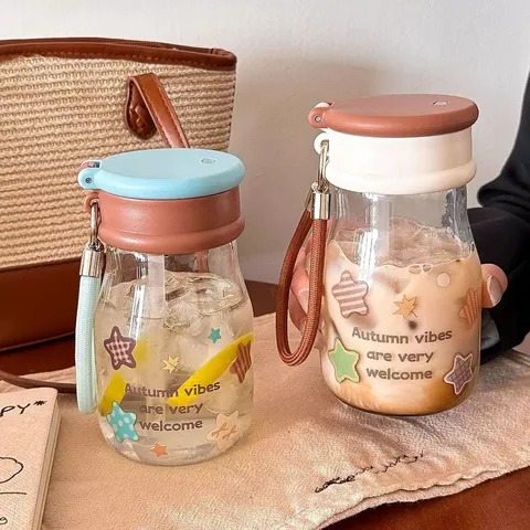 Retro Stern Glas Strohhalm Becher Tragbarer Trinkbecher Mit Trageriemen Deckel Hoch Borosilikatglas Wasserflasche Büro Geschenk
