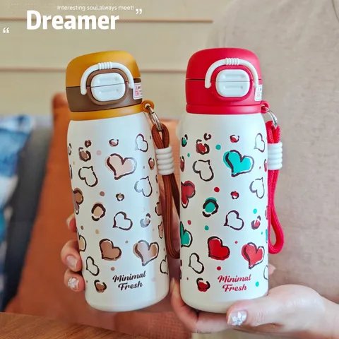 Stainless Steel Vacuum Insulated Water Bottle With Straw And Carry Rope Heart Pattern Double Drink Thermos For Students Outdoor