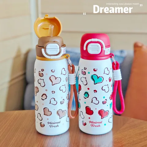 Stainless Steel Vacuum Insulated Water Bottle With Straw And Carry Rope Heart Pattern Double Drink Thermos For Students Outdoor