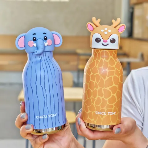 Creative Cartoon Animal Head Stainless Steel Vacuum Insulated Water Bottle With Straw Portable Thermal Cup For Kids Women
