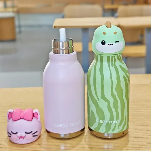 Creative Cartoon Animal Head Stainless Steel Vacuum Insulated Water Bottle With Straw Portable Thermal Cup For Kids Women