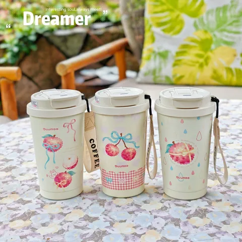 Gobelet Isolé à Café en Acier Inoxydable Portable Avec Couvercle à Paille Imprimé Floral Léopard Bouteille d'Eau de Voyage