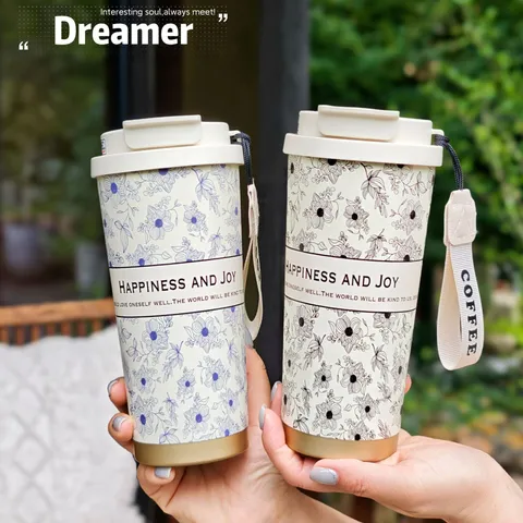 Tasse à Café Isolé sous Vide en Acier Inoxydable 316 Portable Impression Florale Gobelet Thermos de Voyage avec Paille et Couvercle pour Femmes