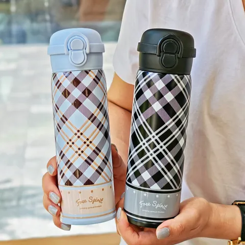 Stainless Steel Vacuum Flask With Straw Bounce Lid Plaid Leopard Cartoon Pattern Portable Water Bottle For School Daily Kids Students