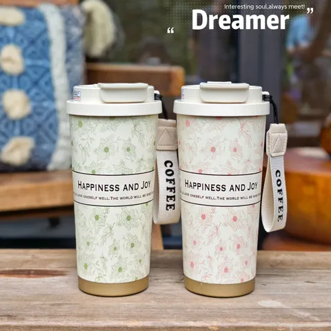 Tasse à Café Isolé sous Vide en Acier Inoxydable 316 Portable Impression Florale Gobelet Thermos de Voyage avec Paille et Couvercle pour Femmes