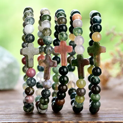 Indian Agate Beaded Cross Bracelet Handmade Natural Stone Elastic Bracelet For Women Minimalist Fashion Jewelry Accessories Gift