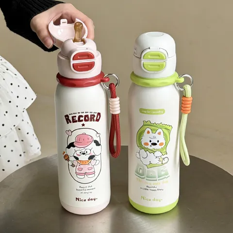 Cartoon Stainless Steel Vacuum Insulated Water Bottle For Kids Portable Double Drink Thermos Cup With Straw And Lanyard School Travel Flask