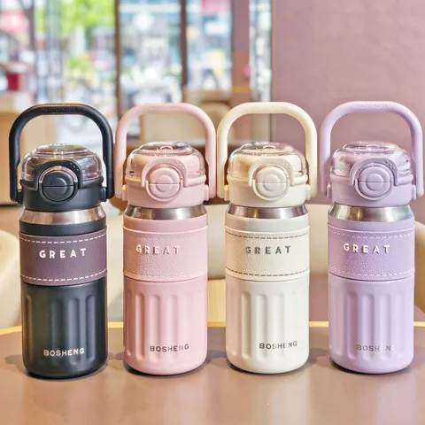 316 Stainless Steel Vacuum Insulated Tumbler Large Capacity Portable Water Cup With Straw Handle Leather Sleeve Outdoor Travel Cup