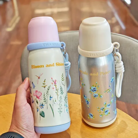 Floral Stainless Steel Vacuum Insulated Thermos Cup Portable Travel Water Bottle With Rope And Dual Drink Lid For Women