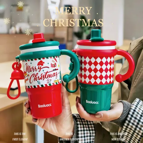 Christmas Insulated Tumbler With Handle Straw 316 Stainless Steel Vacuum Cup Plaid Festive Gift For Office Women Students
