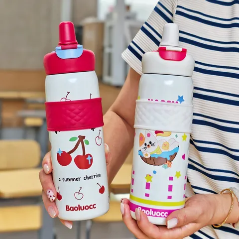 Cartoon 316 Stainless Steel Double Drink Insulated Cup With Straw Portable Vacuum Water Bottle Heart Cherry Pattern Student Gift