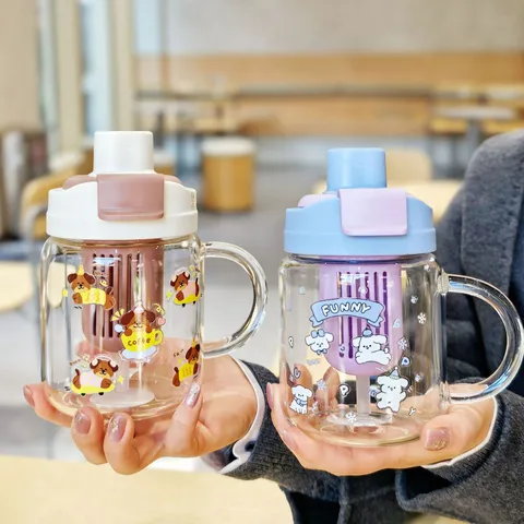 High Borosilicate Glass Water Bottle With Handle Straw Heat Resistant Tea Infuser Cute Dog Pattern Drinking Cup