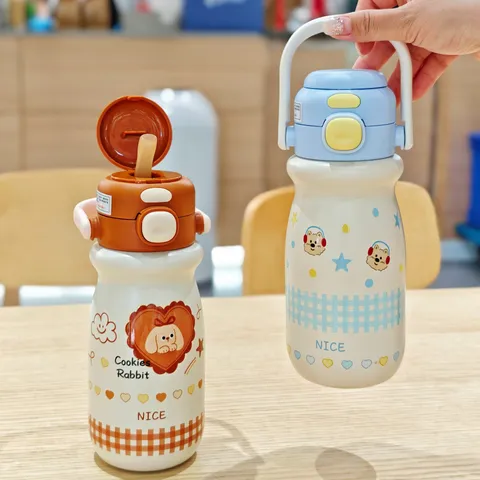 Bouteille d'Eau Isolé sous Vide en Acier Inoxydable Dessin Animé Mignon Portable Enfants Étudiant Tasse à Paille Avec Couvercle à Double Boisson
