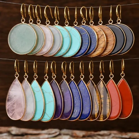 Natural Stone Round Water Drop Earrings For Women Gold Plated Copper Edge Pendant Earrings Light Luxury Jewelry