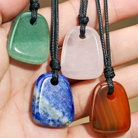 Bohemian Natural Stone Long Necklace Vintage Crystal Agate Aventurine Pendant Necklace Wax Cord Jewelry Gift