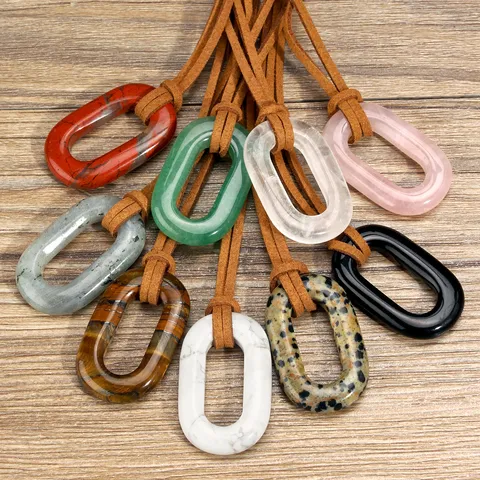 Bohemian Vintage Natural Stone Geometric Oval Ring Pendant Suede Cord Long Necklace Ethnic Style Handmade Costume Clothes Pendant Jewelry For Women Men