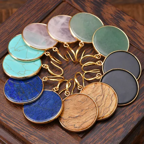 Natural Stone Round Water Drop Earrings For Women Gold Plated Copper Edge Pendant Earrings Light Luxury Jewelry