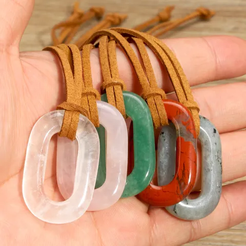 Bohemian Vintage Natural Stone Geometric Oval Ring Pendant Suede Cord Long Necklace Ethnic Style Handmade Costume Clothes Pendant Jewelry For Women Men