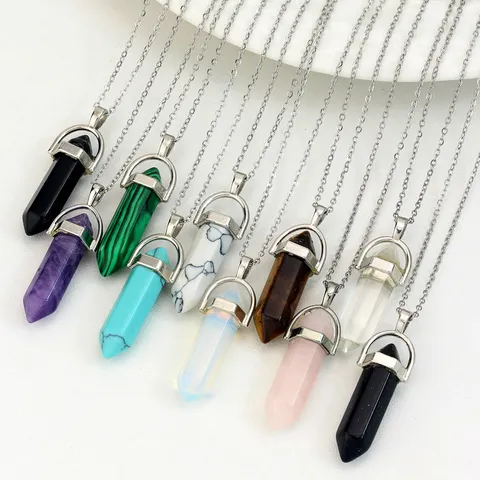 Natuursteen Zeshoekige Kolom Hanger Halsketting Voor Vrouwen Roestvrij Stalen Ketting Europese Mode Minimalistische Geometrische Edelsteen Sieraden