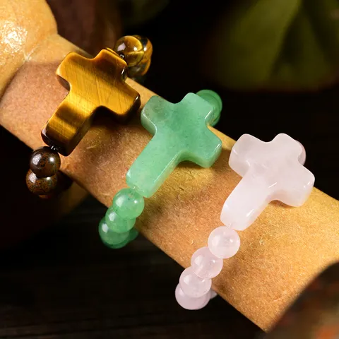 Naturstein Kreuz Perlen Elastischer Ring Für Damen Rosenquarz Tigerauge Grün Aventurin Stretch Fingerring Handgefertigter Schmuck