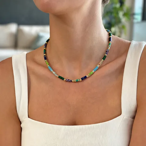 Handgemaakte Kralenketting Van Edelsteen Voor Dames Legering Hematiet Geometrische Cilinder Natuurlijke Textuur Choker Cadeau
