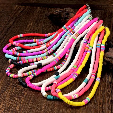 Bohemian Polymer Clay Heishi Bead Choker Necklace Colorful Circular Disc Clavicle Chain Handmade Artificial Pearl Pendant Necklace For Women Beach Holiday Jewelry