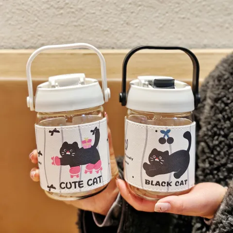 Botella de Agua de Vidrio de Borosilicato Portátil Vaso con Paja Estampado de Gato y Panda Lindo Con Funda de Cuero Anti-Quemaduras