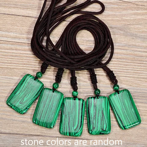 Vintage Retro Natural Stone Malachite Square Pendant Necklace For Women Long Sweater Chain Fashion Jewelry