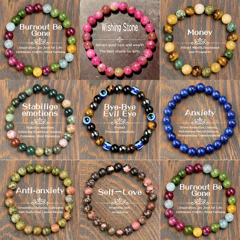 Handmade Natural Stone Beaded Elastic Bracelet Indian Agate Tourmaline Round Bead Bracelet For Unisex Fashion Jewelry Accessories