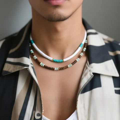 Collana di Perline in Guscio di Cocco e Argilla Polimerica Bohémien da Uomo Fatta a Mano Girocollo a Strati Pietra Naturale Amazonite Catena Regolabile in Lega