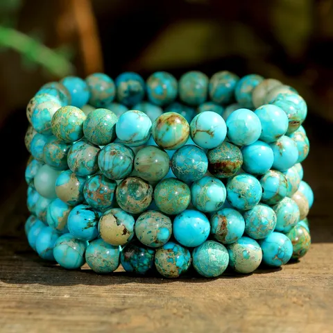 Boho Handgefertigte Larimar Naturstein Rundperlen Armband Retro Vintage Gemustert Texturiert Edelstein Strang Schmuck Für Damen Geschenk