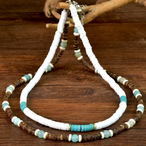 Collana di Perline in Guscio di Cocco e Argilla Polimerica Bohémien da Uomo Fatta a Mano Girocollo a Strati Pietra Naturale Amazonite Catena Regolabile in Lega