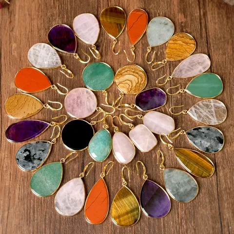 Pendientes de Gota de Piedra Natural Envueltos en Cobre Redondos de Cristal Colgantes para Mujer Lujo Ligero Fiesta Joyería