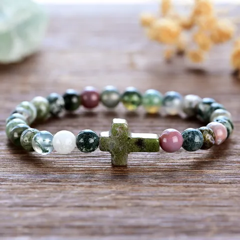Indian Agate Beaded Cross Bracelet Handmade Natural Stone Elastic Bracelet For Women Minimalist Fashion Jewelry Accessories Gift