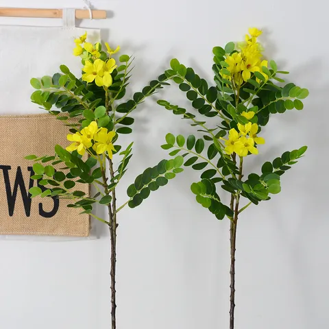 Branche de Fleurs de Cassia Jaunes Artificielles Fausse Plante Verte Tige Florale en Soie Pour Maison Mariage Jardin Décoration