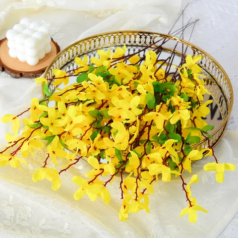 Tige de Fleur en Soie de Forsythia Artificielle Jaune pour Décoration d'Intérieur Fête de Mariage Plante Artificielle