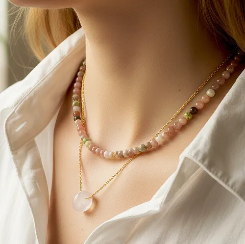 Collana di Perline di Pietra Naturale Set Stratificato da Donna Catena d Oro in Acciaio Inossidabile Ciondolo di Strass Gioielli alla Moda