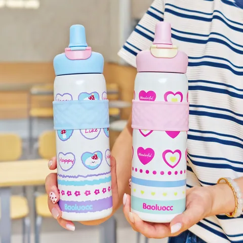Cartoon 316 Stainless Steel Double Drink Insulated Cup With Straw Portable Vacuum Water Bottle Heart Cherry Pattern Student Gift