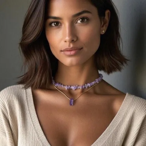 Natural Stone Crystal Chips Necklace For Women Double Layer Amethyst Tiger Eye Hexagonal Pillar Pendant Chic Jewelry Clavicle Chain