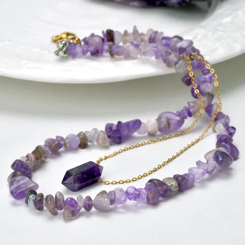 Natural Stone Crystal Chips Necklace For Women Double Layer Amethyst Tiger Eye Hexagonal Pillar Pendant Chic Jewelry Clavicle Chain