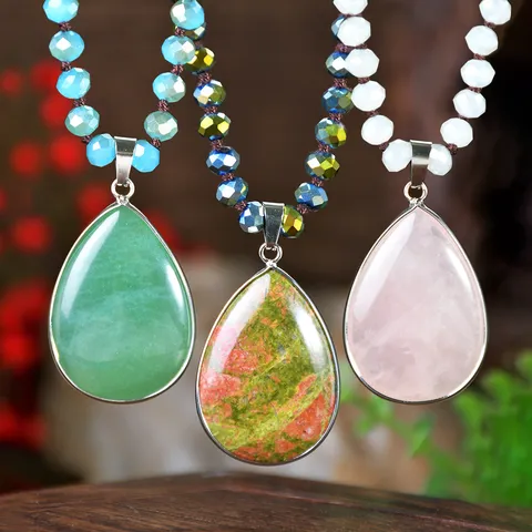 Bohemian Teardrop Natural Stone Pendant Necklace Long Crystal Knotted Sweater Chain For Women Vintage Jewelry Birthday Gift