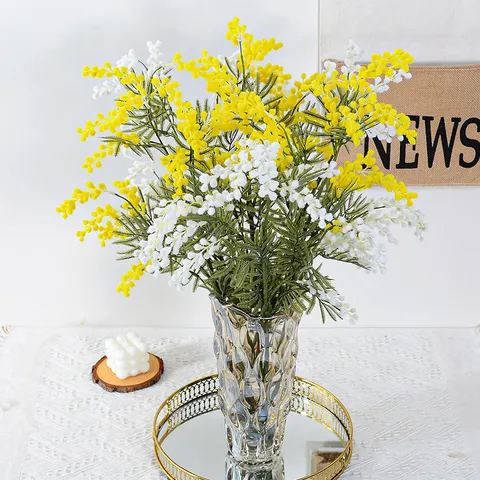 High-End Artificial Acacia Flowers Flocked Plastic Fake Plants Pastoral Style Home Wedding Party Decoration Floral Arranging Stems