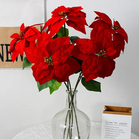 Artificial Poinsettia Christmas Flowers Flocked Silk Flower Bouquet For Wedding Party Home Holiday Decoration