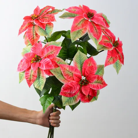 Artificial Poinsettia Christmas Flowers Flocked Silk Flower Bouquet For Wedding Party Home Holiday Decoration