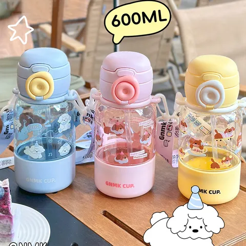 Cartoon Kinder Tritan Wasserflasche Mit Strohhalm Tragbare Große Kapazität Umhängetasche Schüler Plastik Trinkbecher Für Outdoor Schule Urlaub