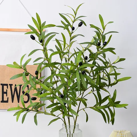 Rama de Olivo Artificial Planta Falsa Hojas Verdes Con Frutas Negras Para Decoración de Arreglo Floral de Boda en el Hogar