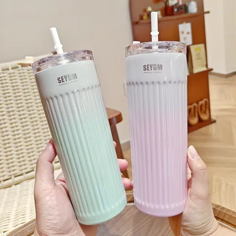 Gradient Striped Stainless Steel Vacuum Insulated Coffee Mug Portable Car Travel Tumbler Cup With Straw For Office Home Women Men